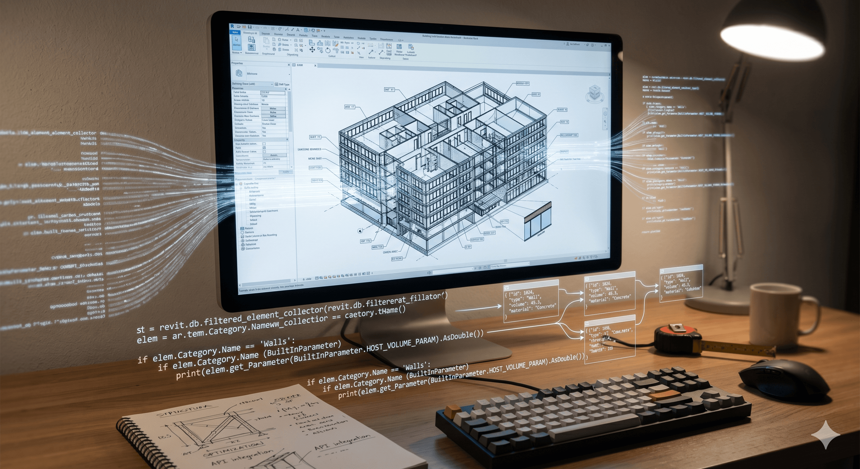 Γραφείο μηχανικού με ψηφιακά σχέδια και εργαλεία ανάλυσης δεδομένων