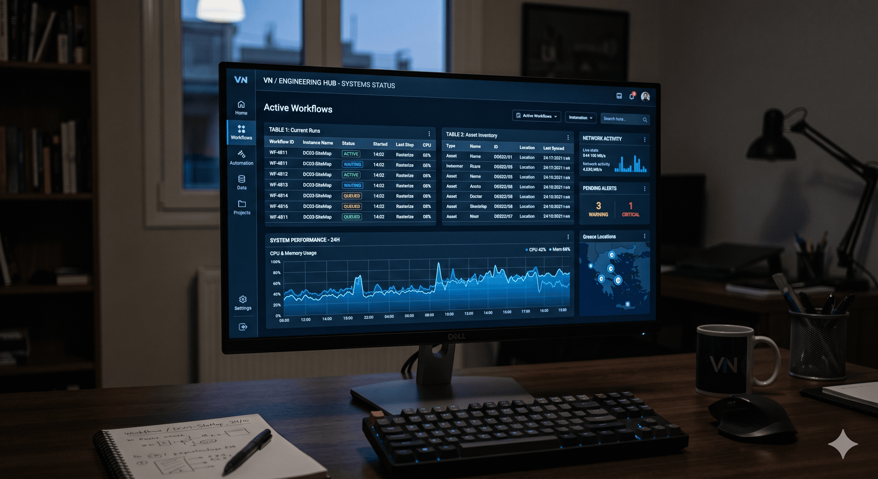 Οθόνη υπολογιστή που εμφανίζει έναν προηγμένο πίνακα ελέγχου μηχανικής με κατάσταση ροής εργασίας, μετρήσεις απόδοσης και χάρτη, πάνω σε έναν φυσικό χώρο εργασίας με σημειωματάριο μηχανικής και στυλό.